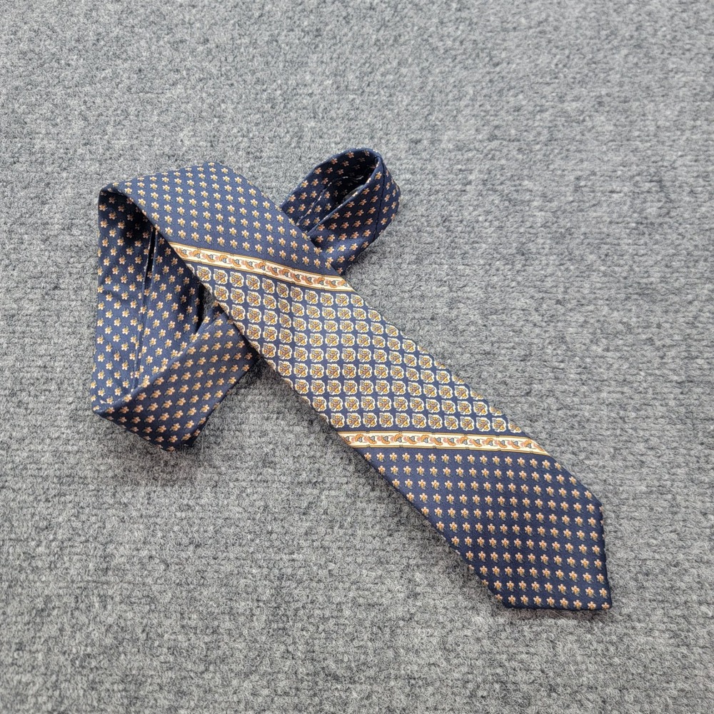 Vintage 80s Neiman Marcus Navy Blue Silk Geometric Medallion Pattern Necktie